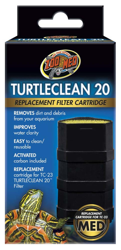Box for Zoo Med TurtleClean 20 Replacement Filter Cartridge, showing a black filter and a turtle.