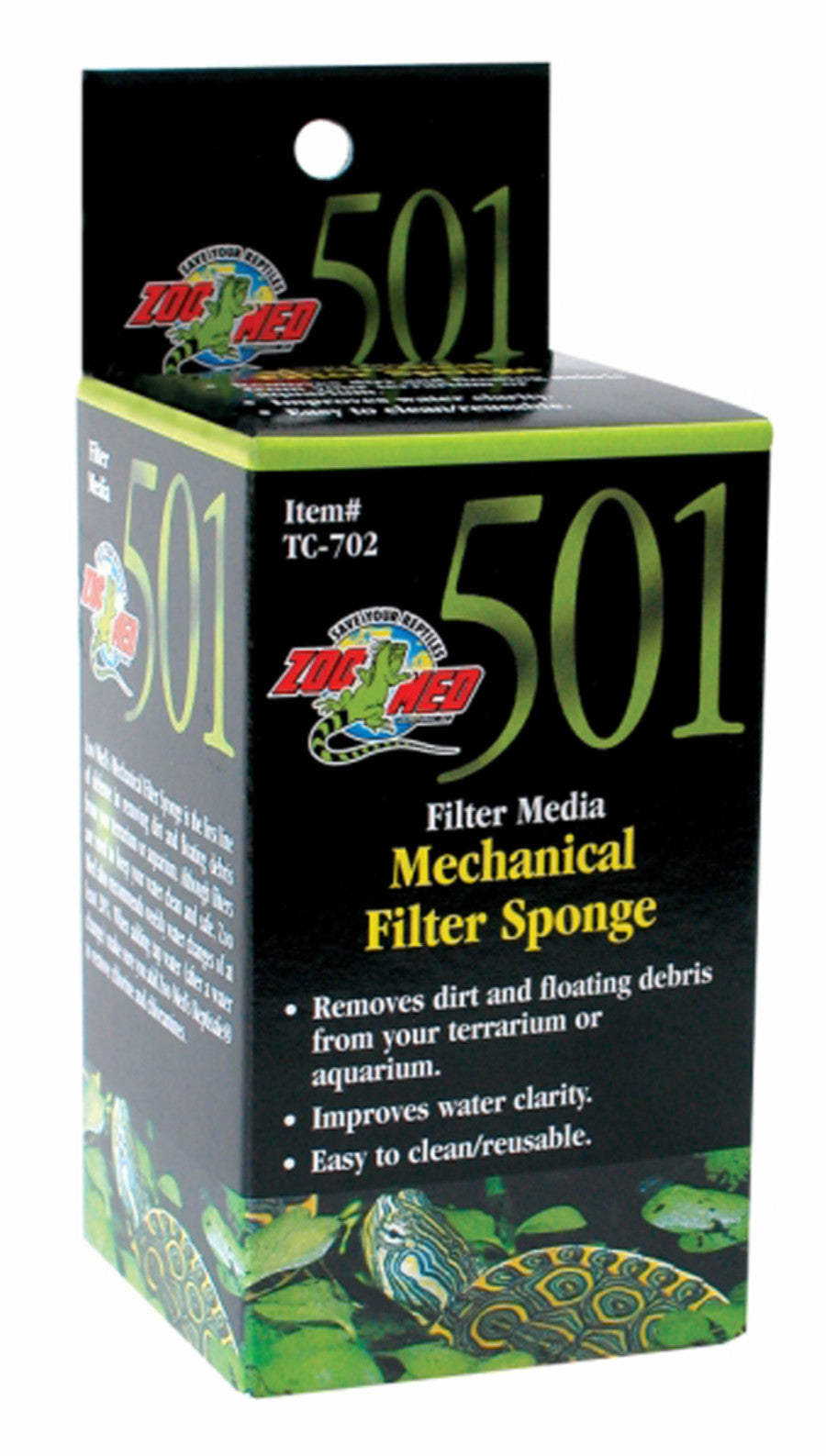 Black box for Zoo Med 501 filter sponge, featuring a turtle, product details, and a hang tab.
