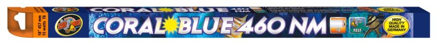 Blue and orange box for a Zoo Med Coral Blue 460 NM T8 lamp, 18 inches, with fish graphics.