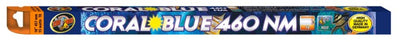 Blue and orange box for a Zoo Med Coral Blue 460 NM T8 lamp, 18 inches, with fish graphics.