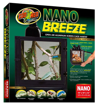 Black Zoo Med Nano Breeze aluminum screen cage with plants and small lizards inside, shown in packaging.