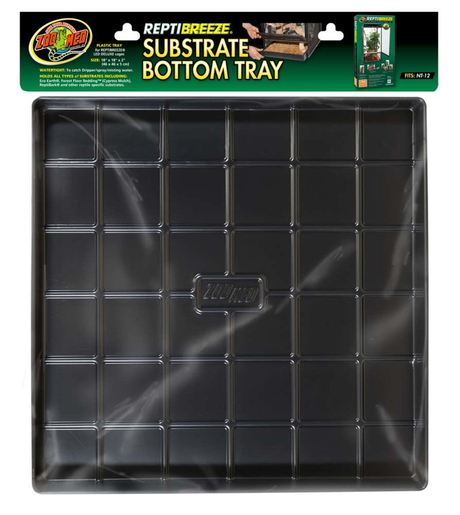 Black plastic substrate tray for ReptiBreeze cages, 18x18 inches, shown in clear packaging with product label.