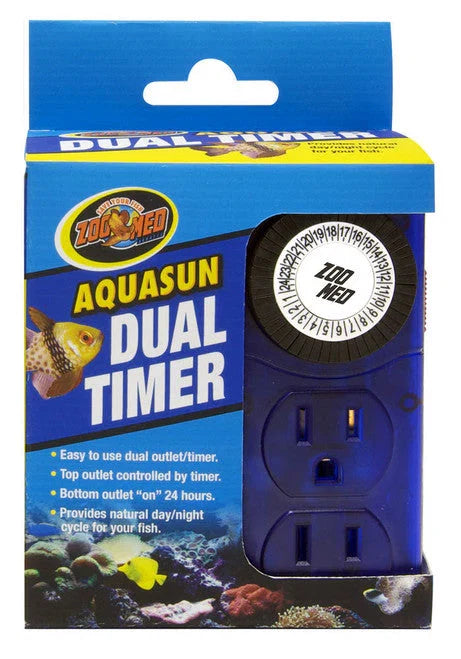 Blue Zoo Med AquaSun Dual Timer in packaging, showing the timer dial and two outlets.
