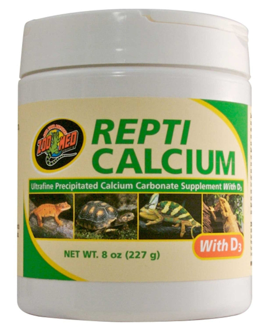 White tub of Zoo Med Repti Calcium with D3, showing a gecko, tortoise, chameleon, and bearded dragon.