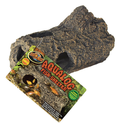 Brown, textured log-shaped fish shelter with multiple holes, shown with its "Large" size tag.