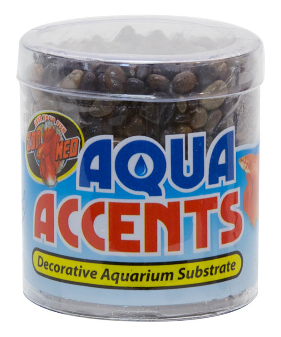 Clear container of dark river pebbles with a blue and red "Aqua Accents" label and a yellow "Decorative Aquarium Substrate" b