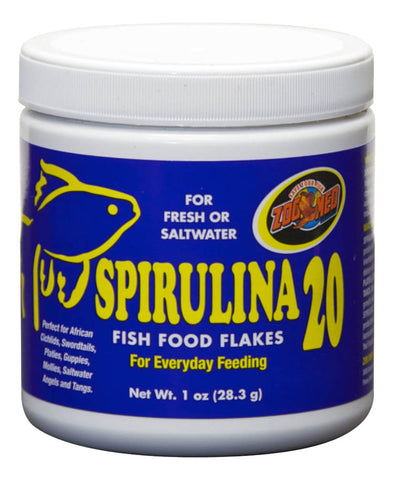 White tub of Zoo Med Spirulina 20 Flakes Fish Food with a blue label and yellow text.