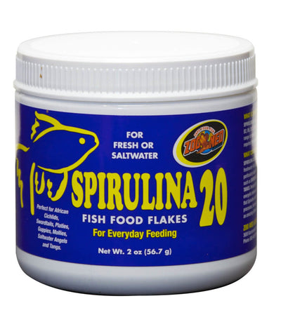Blue and yellow Zoo Med Spirulina 20 Flakes Fish Food container, 2 oz, angled slightly right.