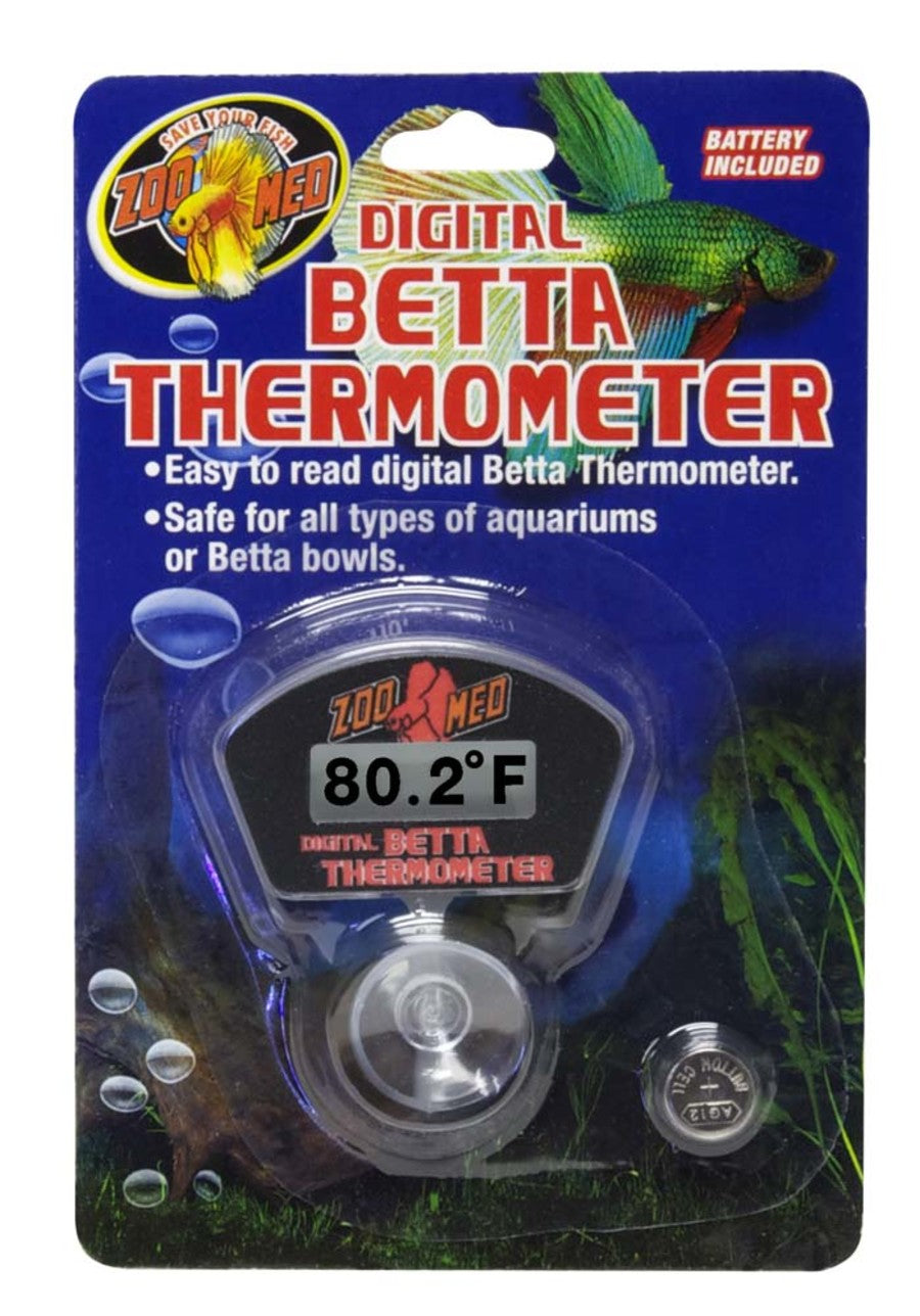 Digital Betta Thermometer in blister packaging, showing a green betta fish and a temperature reading of 80.2°F.