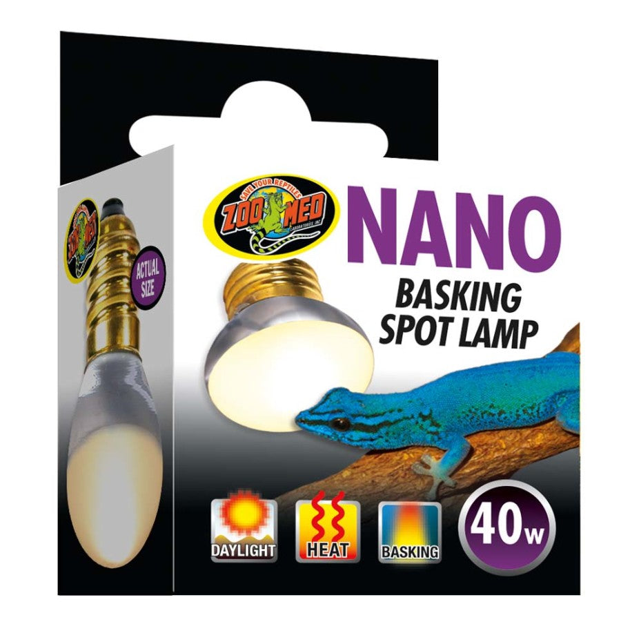 Zoo Med Nano 40W basking spot lamp in packaging, showing the bulb lit, a blue gecko, and "Actual Size" label.