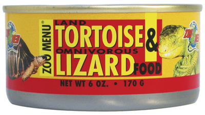 Yellow and red can of Zoo Med wet food for tortoises and omnivorous lizards, with images of both animals.