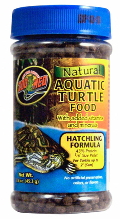 Zoo Med Aquatic Turtle Hatchling Food in a clear jar with a blue lid, showing a turtle on the label.