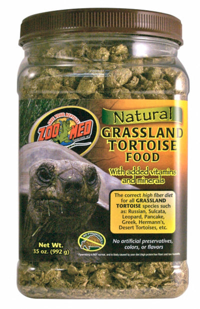 Zoo Med Natural Grassland Tortoise Food in a clear jar with a brown lid, showing a tortoise on the label.