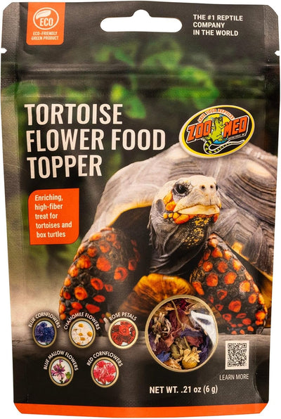 Black pouch of tortoise flower food topper with a red-legged tortoise, showing flower ingredients and a clear window of the p