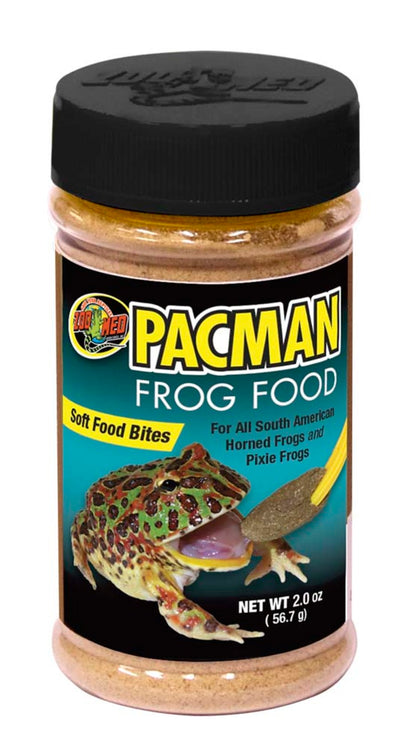 Zoo Med Pacman Frog Dry Food in a clear jar with a black lid, showing a frog eating a food pellet.