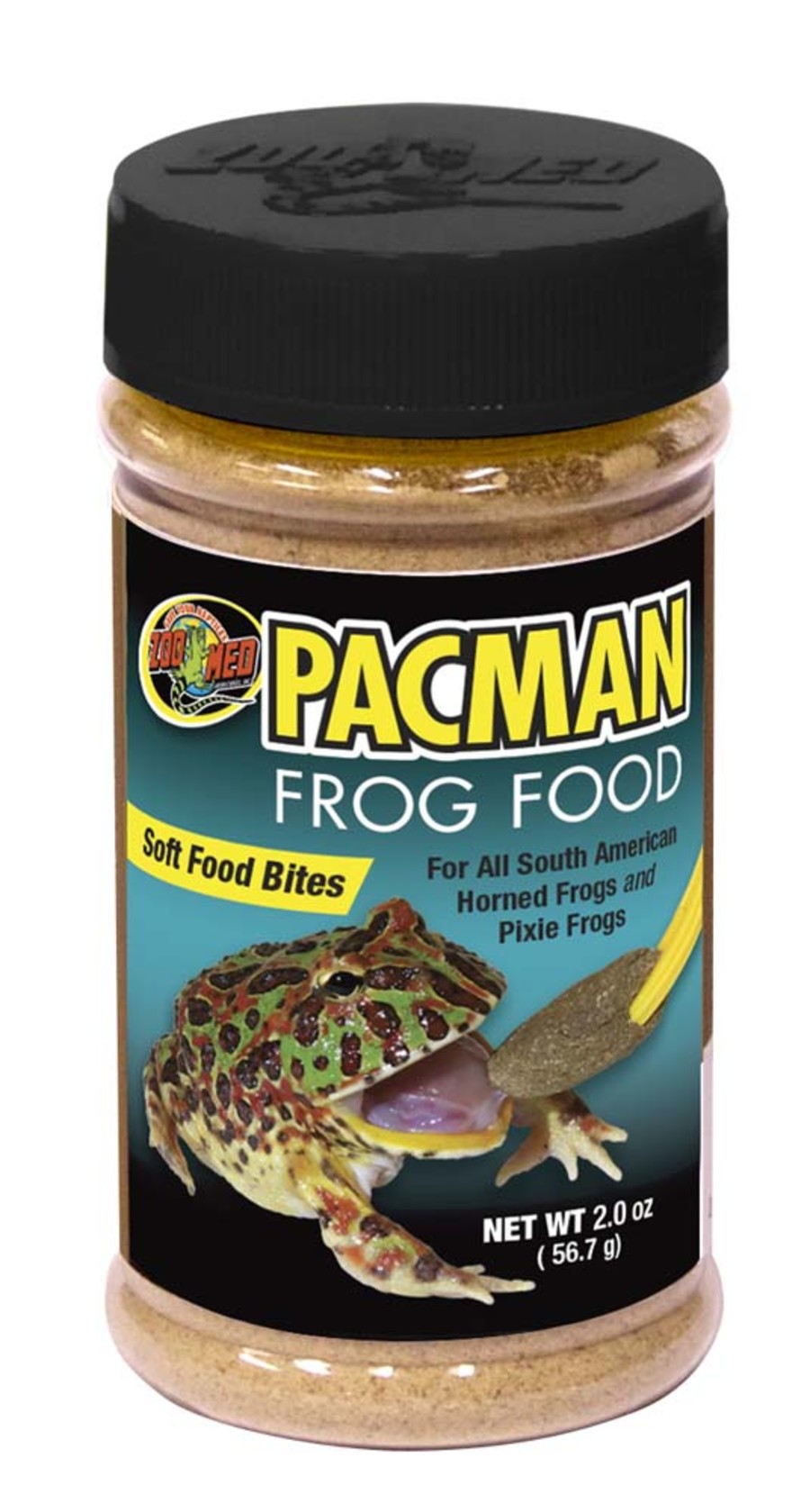Zoo Med Pacman Frog Dry Food in a clear jar with a black lid, showing a frog eating a food pellet.