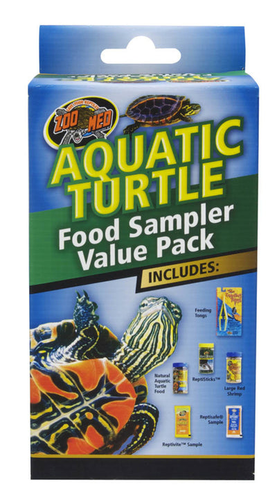 Zoo Med Aquatic Turtle Food Sampler Value Pack in a blue and green box with two turtles and various food samples.