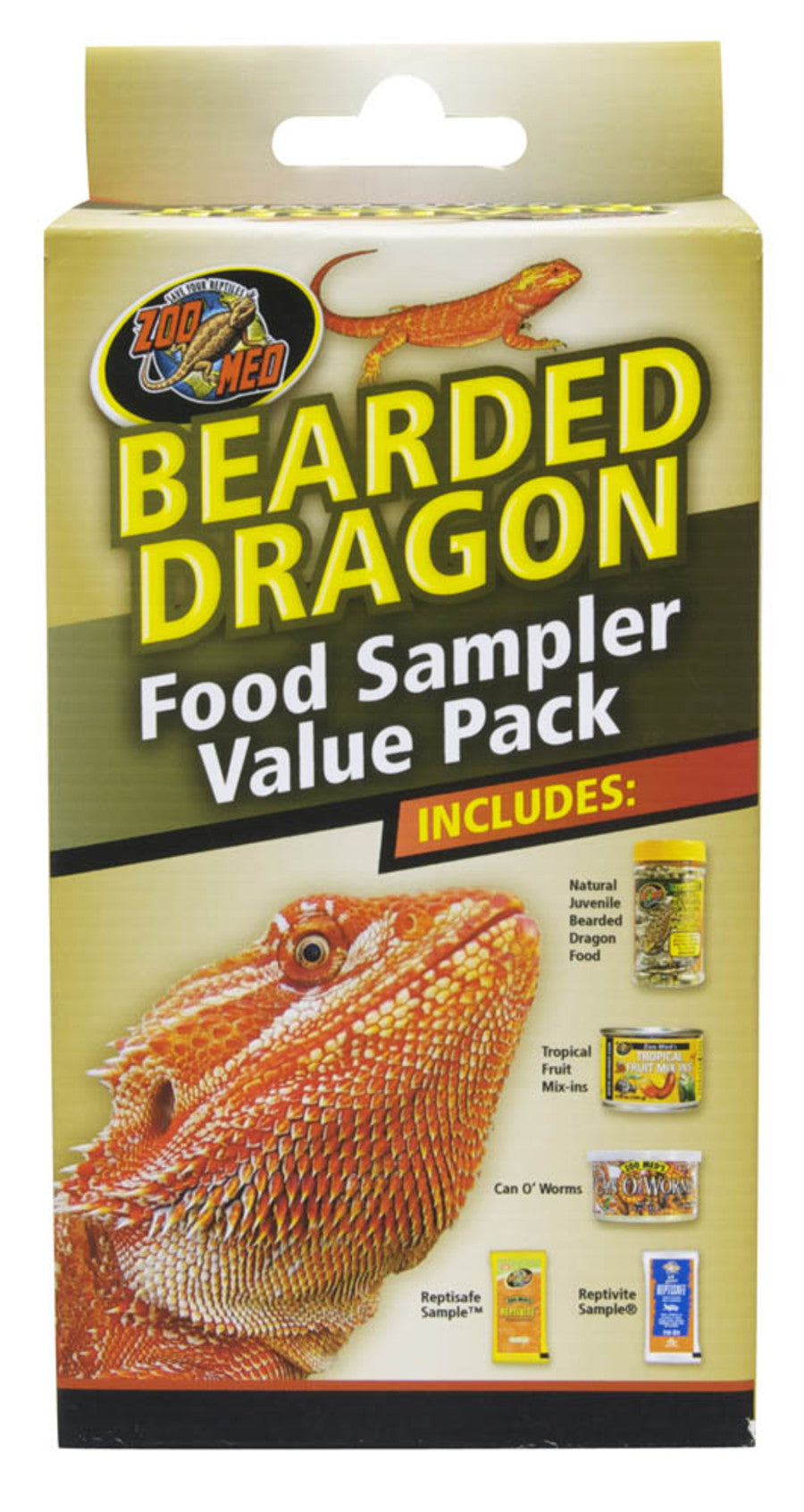 Zoo Med Bearded Dragon Food Sampler Value Pack with a large bearded dragon graphic and included food items.