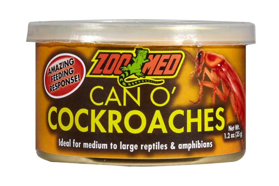 Zoo Med Can O' Cockroaches reptile wet food in a yellow can with a clear lid, featuring a large cockroach.