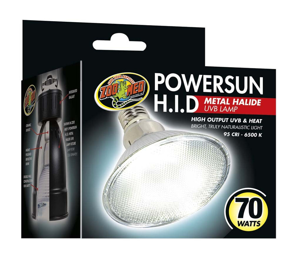 Zoo Med PowerSun H.I.D. Metal Halide UVB Lamp in packaging, showing the silver bulb and internal diagram.