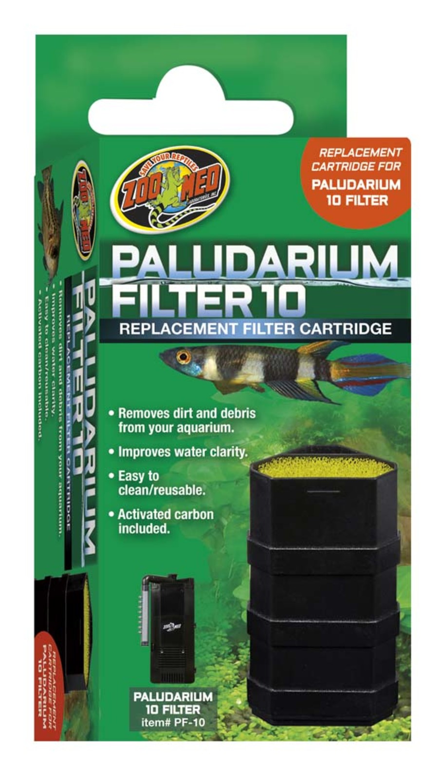 Green box for Zoo Med Paludarium Filter 10 Replacement Cartridge, showing a fish, filter, and cartridge.
