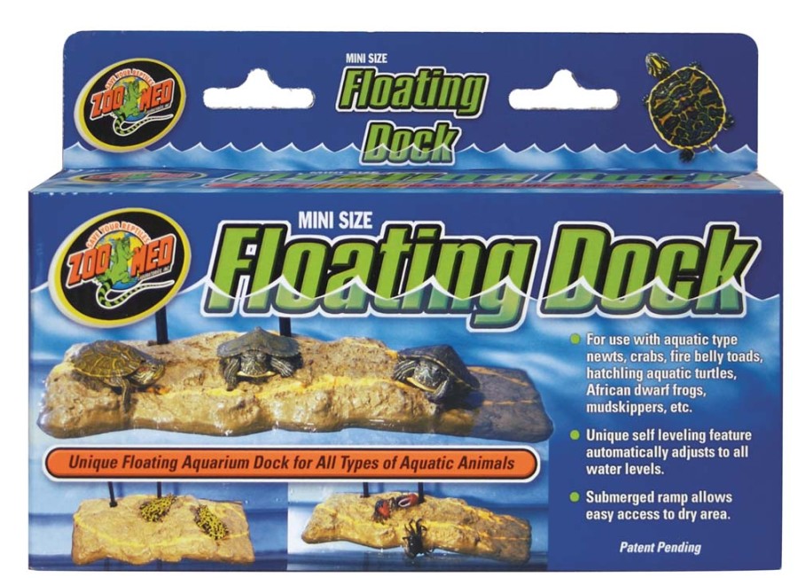Mini Zoo Med Floating Dock packaging shows three turtles on a brown platform, with product features listed.