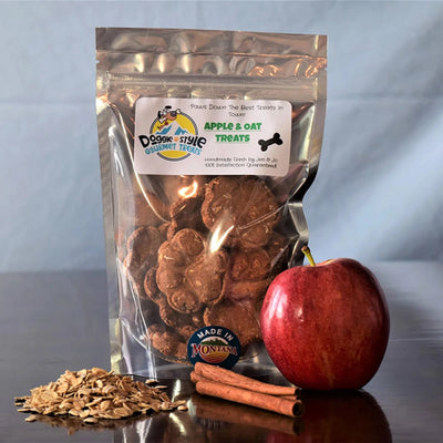 Doggie Style Gourmet Treats Apple & Oat dog treats bag with red apple, cinnamon sticks and oats