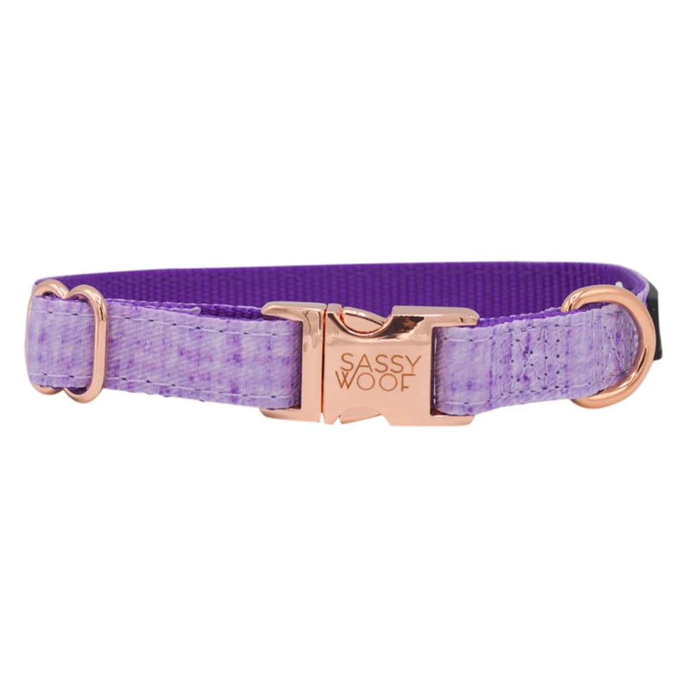 Lavender Sassy Woof dog collar with rose-gold-tone buckle and square brand plaque