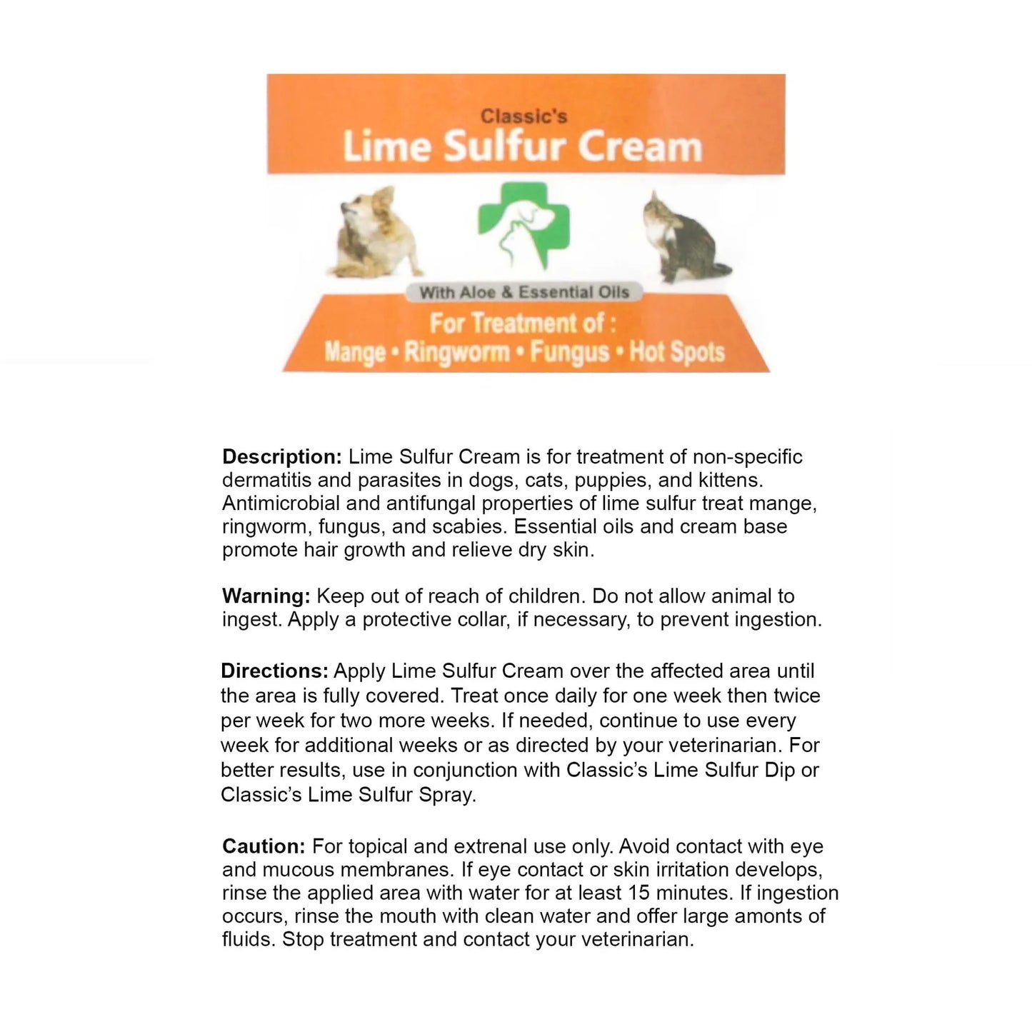 Classic's Lime Sulfur Pet Skin Cream - Dog Skin Treatment for Ringworm, Mange, Hot Spots and Dry Skin - 2 oz