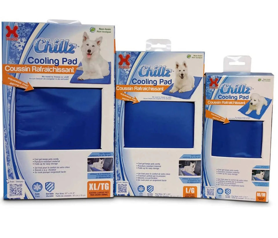 Three Chillz cooling pad packages in extra-large, large and medium sizes