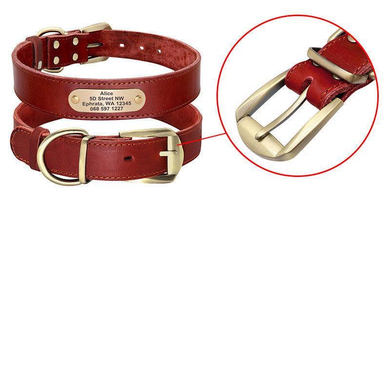Custom Engraved Leather Dog Collar with Golden Nameplate - Personalized ID Collar for Dogs