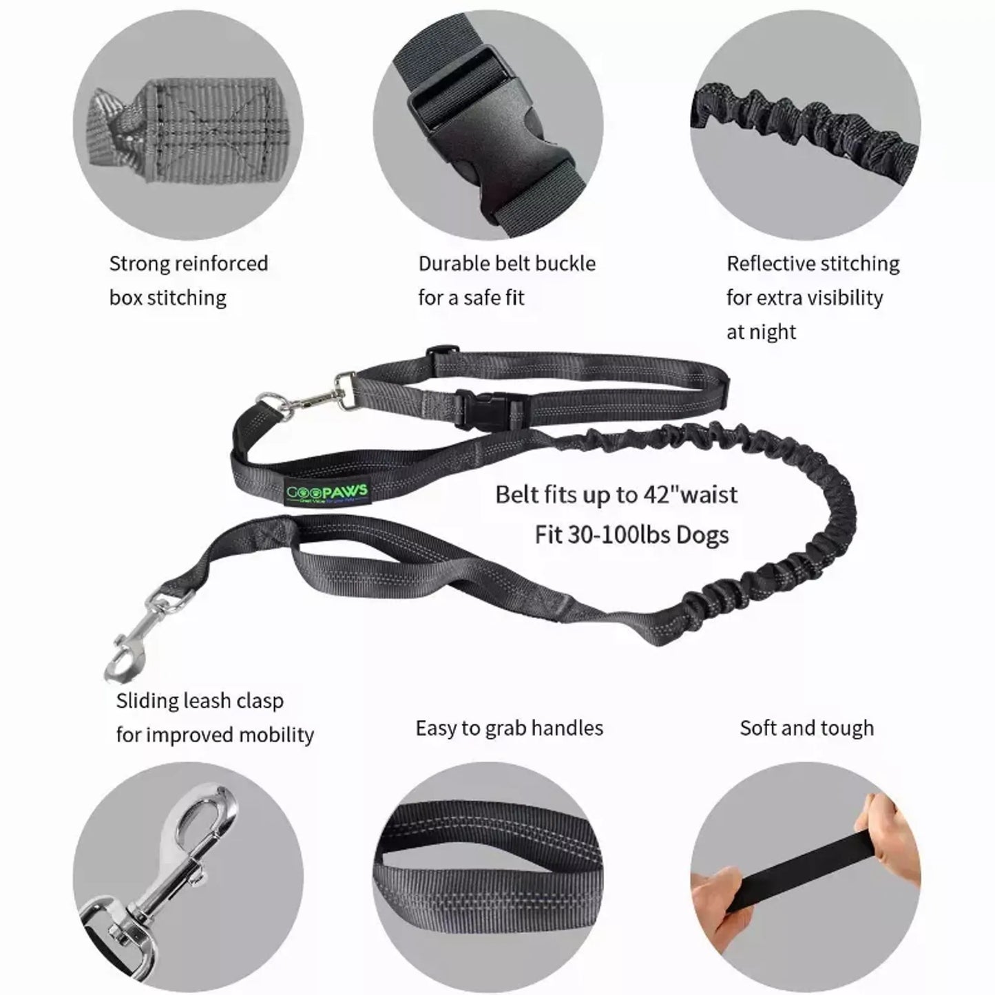 JESPET Hands Free Dog Leash for Running, Walking, Hiking Jogging for Medium & Large Dogs up to 150lbs, Durable Dual Handle Waist Leash with Reflective Bungee and Adjustable Waist