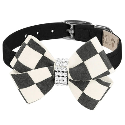 Susan Lanci Designs Windsor Check Nouveau Bow Dog Collar, Black/LARGE