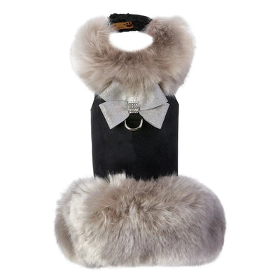 Susan Lanci Designs Platinum Glitzerati Nouveau Bow Silver Fox Faux, Black/LARGE