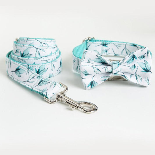 Tropical Leaf Bow Tie Dog Collar and Leash Set - Stylish Cotton Collar with Quick-Release Buckle