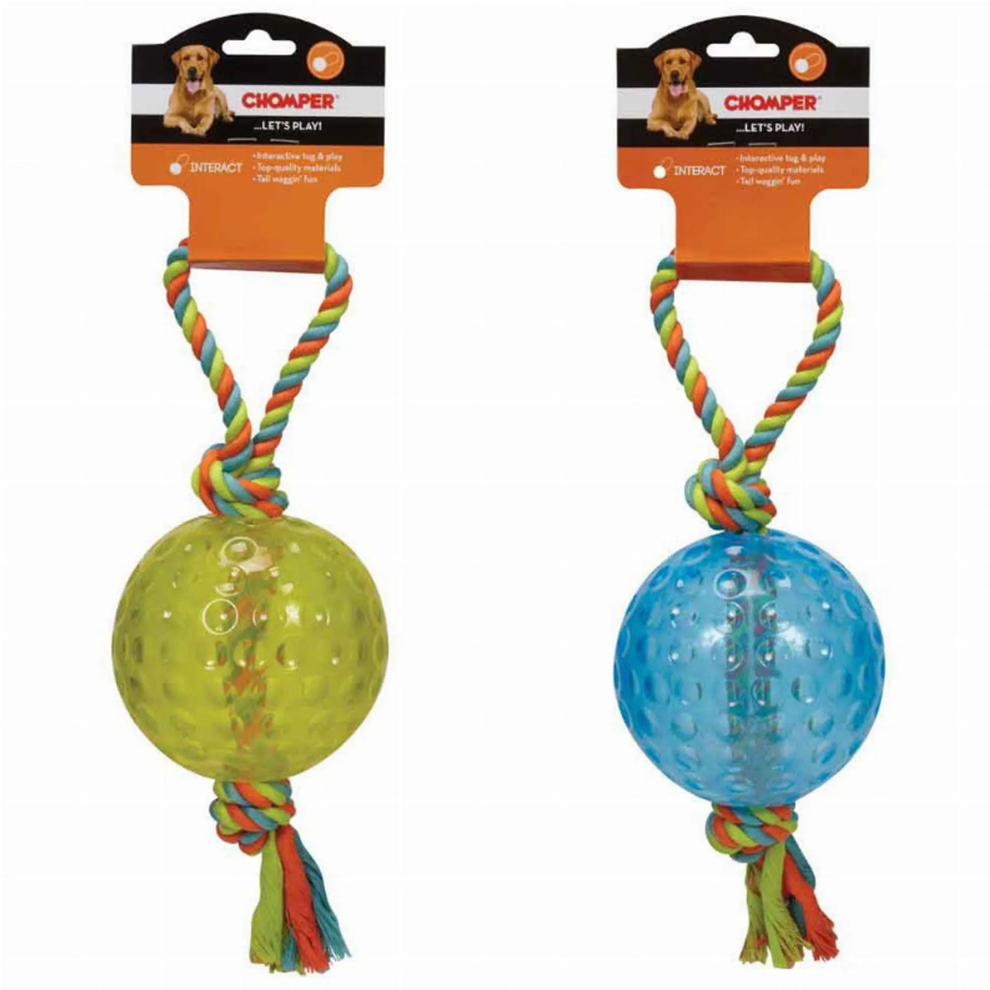 Chomper 5" TPR Ball with Rope Tug - Durable Rubber Fetch & Tug Toy - Medium to Large Dogs