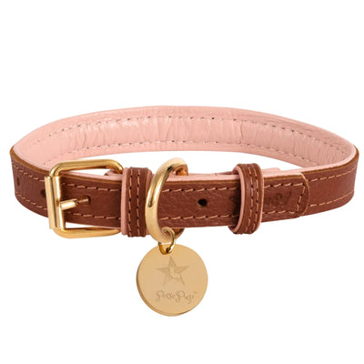 Brown PoisePup dog collar with pale pink lining, gold buckle and round tag