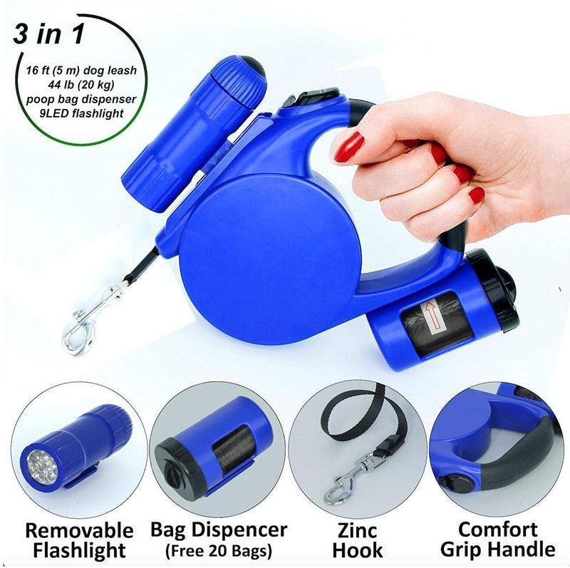 Nightwalk 4.5M Led Light And Waste Bag Dispenser Retractable Dog Leash - Pets Perfect