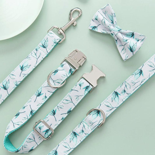 Tropical Leaf Bow Tie Dog Collar and Leash Set - Stylish Cotton Collar with Quick-Release Buckle