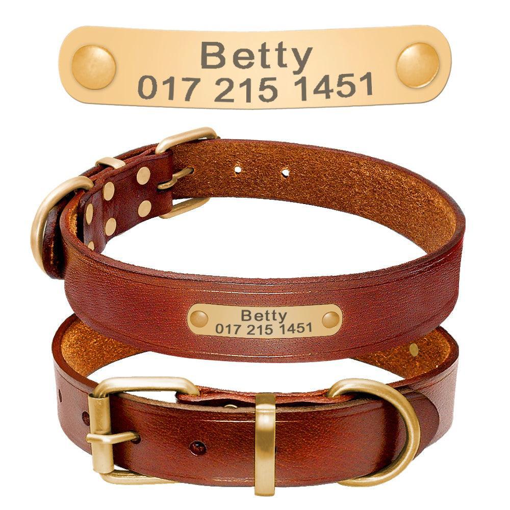 Personalized Genuine Leather Dog Collar with Stainless Steel Nameplate - Custom ID Collar