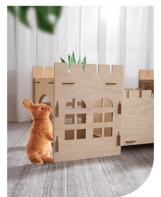 Eco - Friendly Wooden Rabbit House - Detachable Castle for Rabbits & Guinea Pigs - Pets Perfect