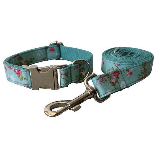 Rose Garden Dog Collar and Leash Set - Elegant Floral Cotton Collar for Dogs