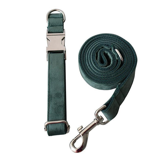 Luxurious Emerald Velvet Dog Collar and Leash Set - Elegant Wool Collar with Bow