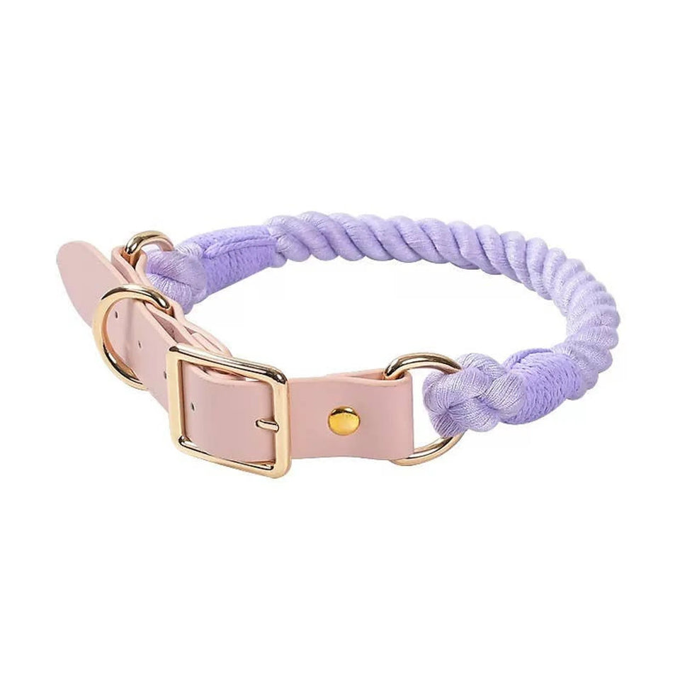 Luxe Royal Pink Leather Rope Dog Collar - Brass Hardware, Purple love, view 75