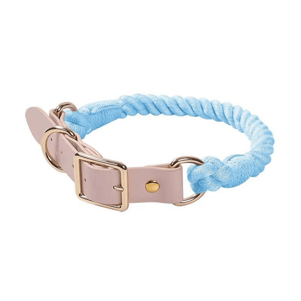 Luxe Royal Leather Dog Collar with Durable Brass O-Ring, Pale Blue Lily, view 37