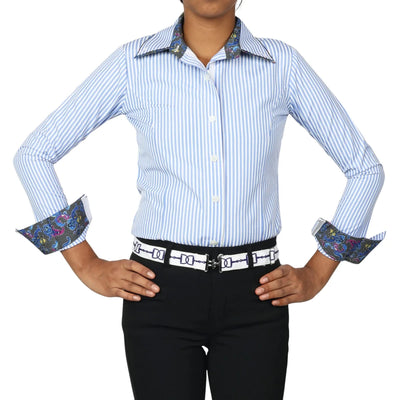 TuffRider Girls ADEY Double Collar Stripe Shirt-Blue-Large