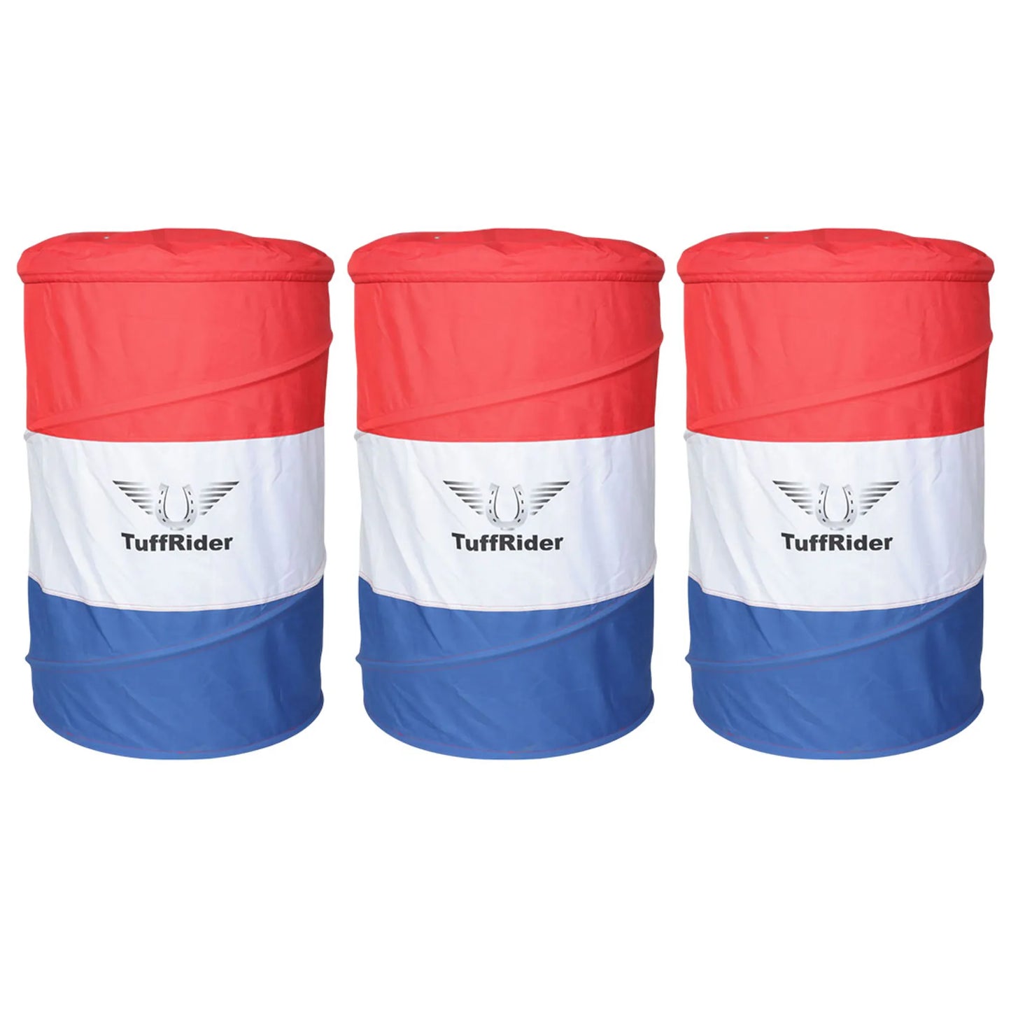 TuffRider Collapsible Barrel Set of 3- Red/White/Blue, collapsible durable barrels for horse training and pet supplies.