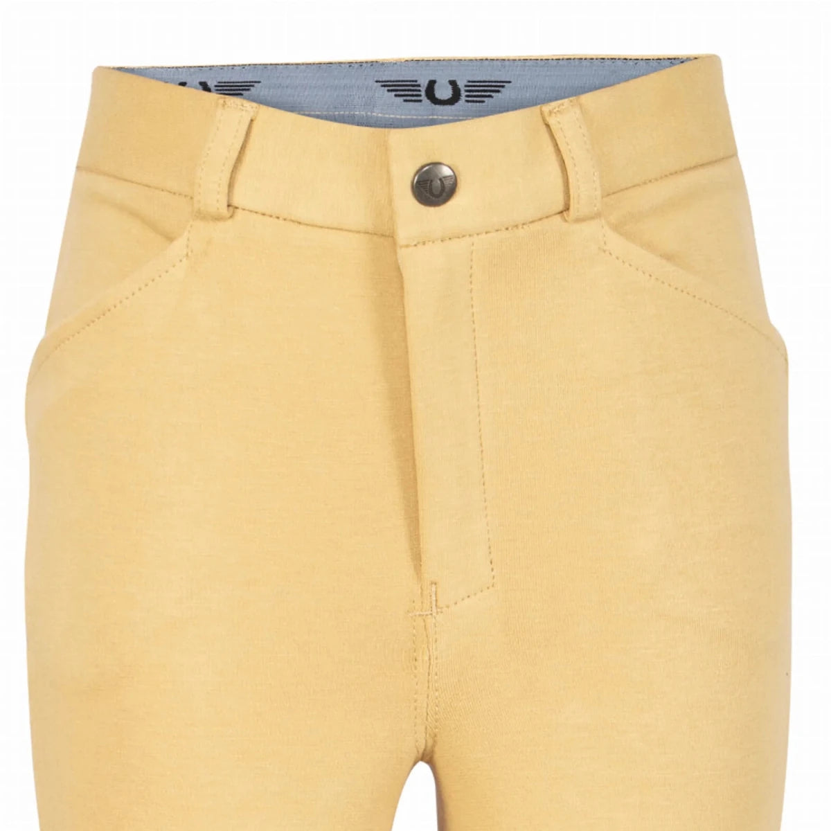 Boys Riding Jodhpurs - TuffRider Patrol Light Cotton/Spandex Jodhpurs with UltraGripp Knee Patches in tan color close-up