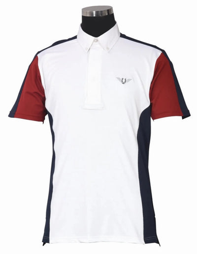 Men's Show Shirt - TuffRider Dennison Short Sleeve Competition Shirt, White/ec navy/ec red/LARGE