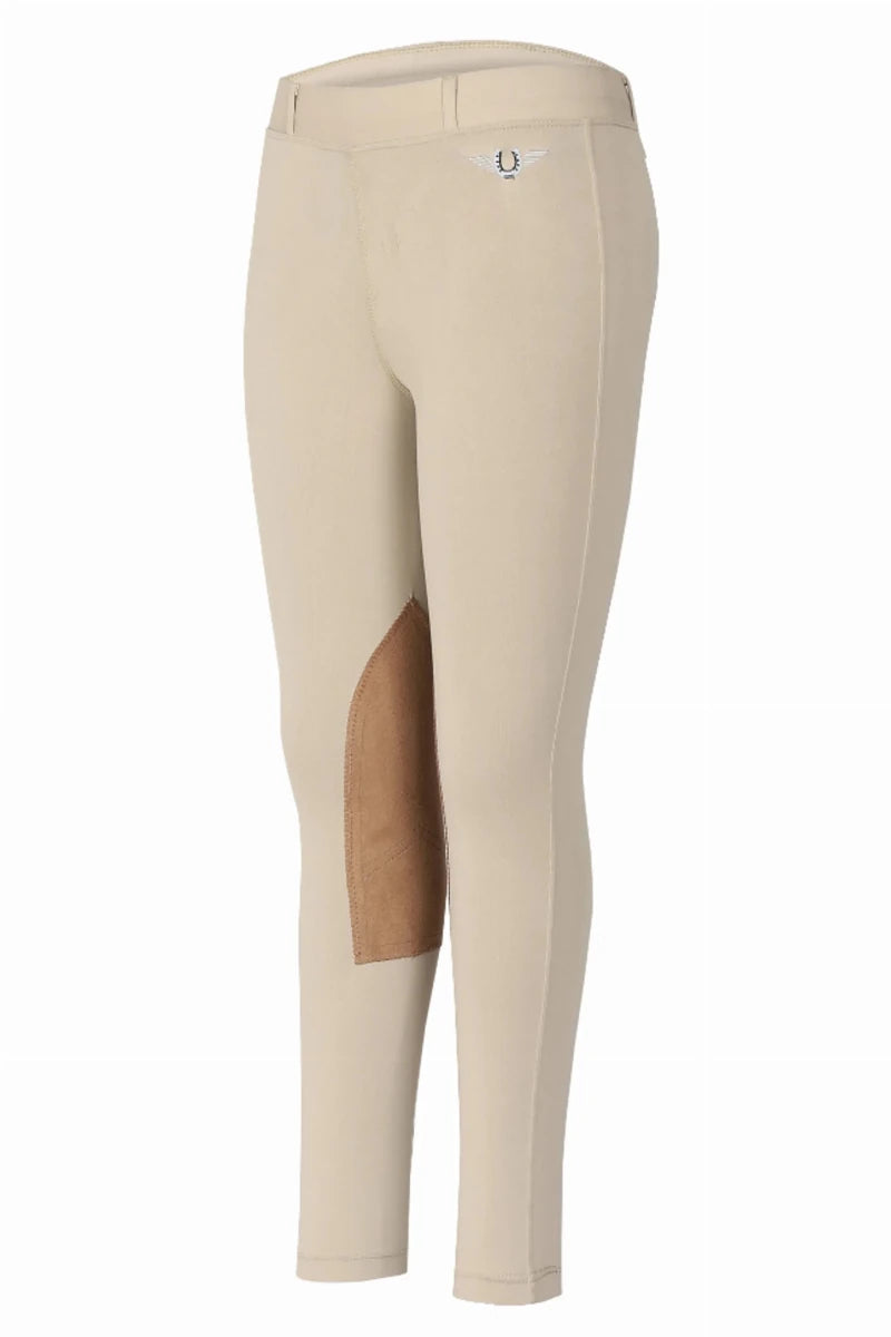Tuffrider Children's Prime Tights With Belt Loops in beige with knee patch for equestrian wear and comfort